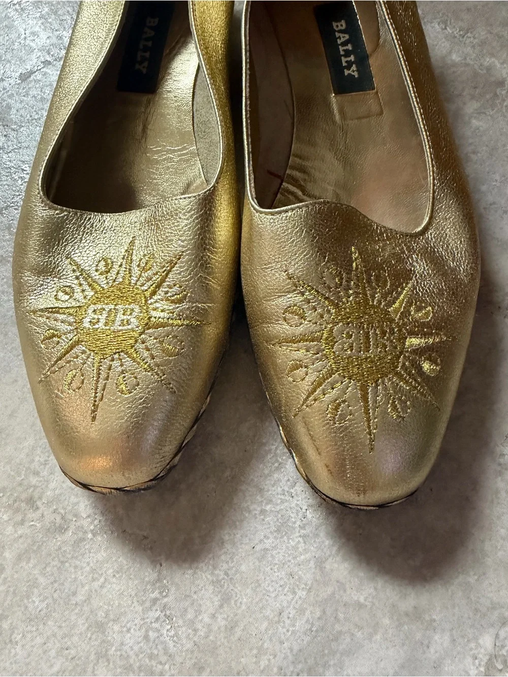 Bally Starry Gold Metallic Sunburst Loafers Leather Flats Italy 37.5